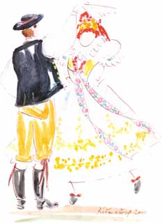 Drawing of dancing couple dressed in folk costume